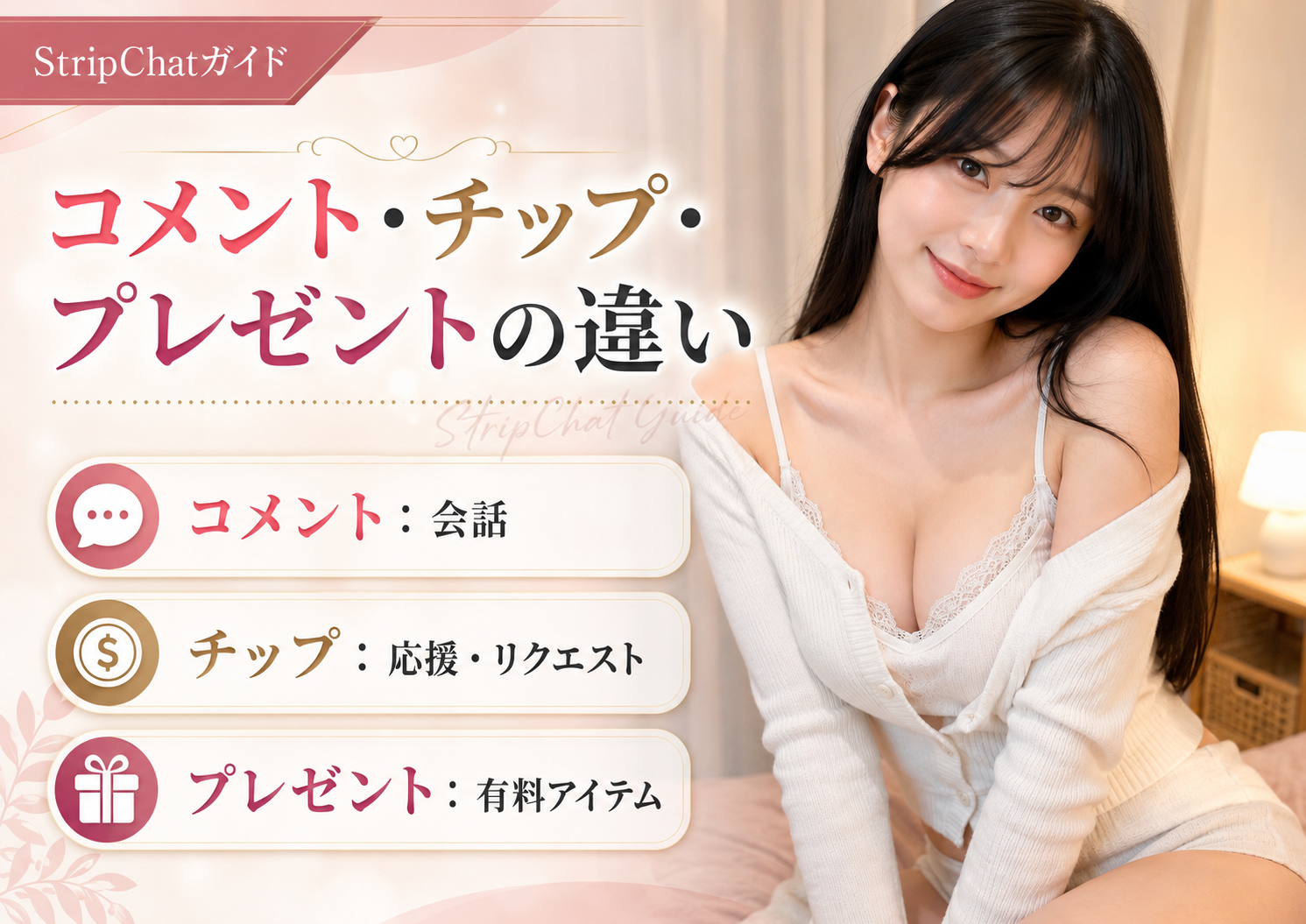 StripChatのコメント・チップ・プレゼントの違いを説明する画像