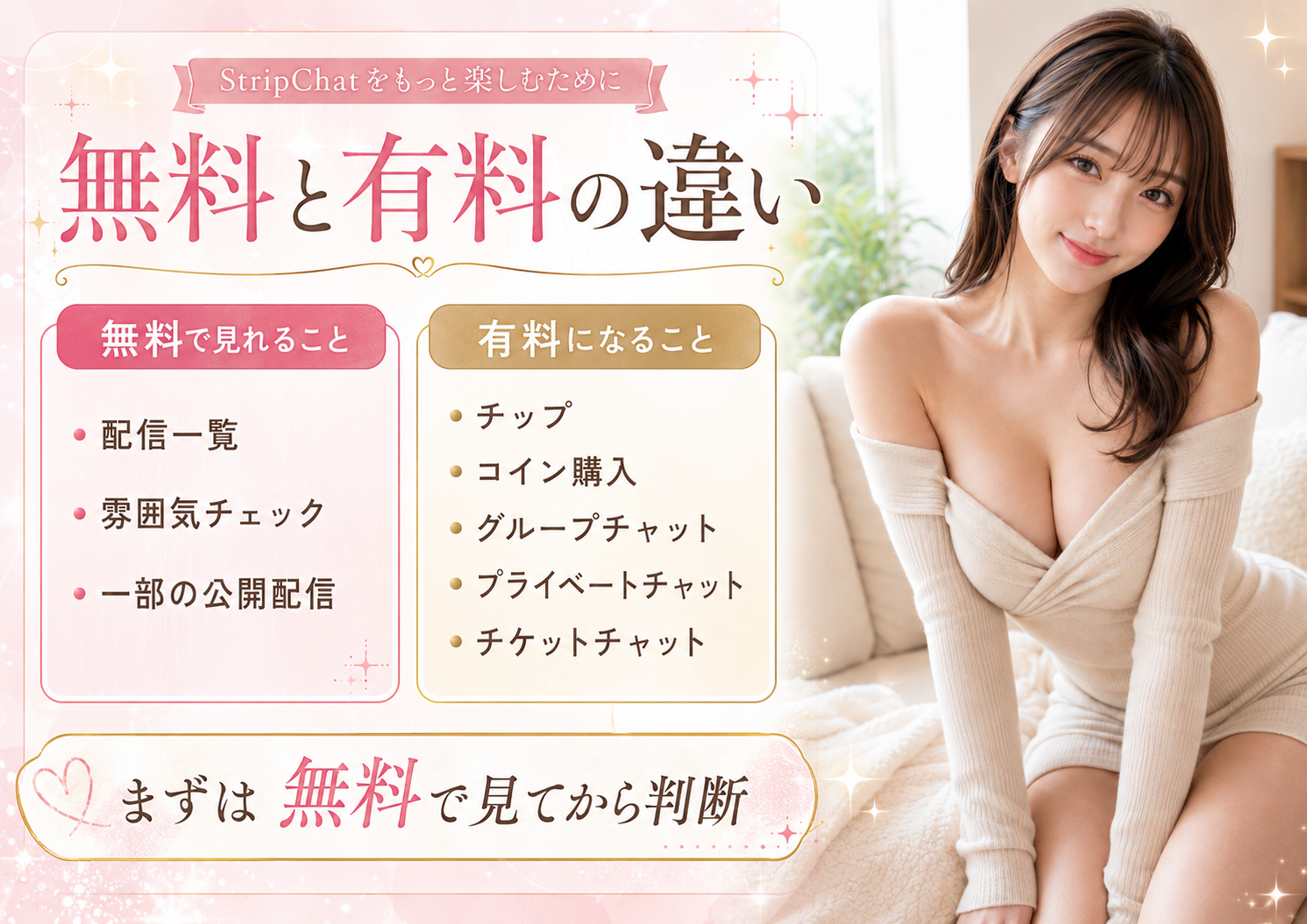 StripChatの無料と有料の違いを説明する画像