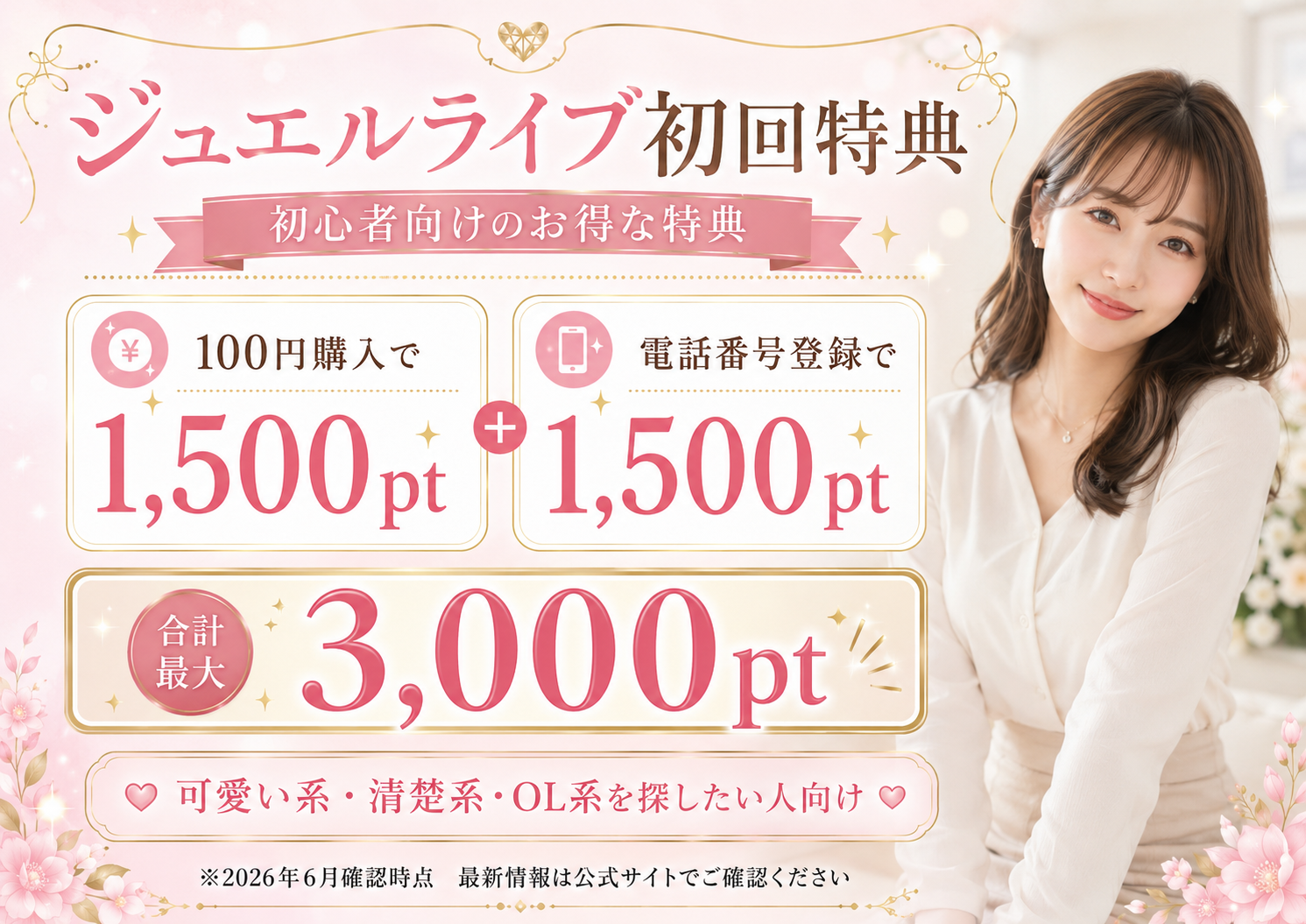 ジュエルライブの初回特典、100円購入で1500pt、電話番号登録で1500pt、合計最大3000pt